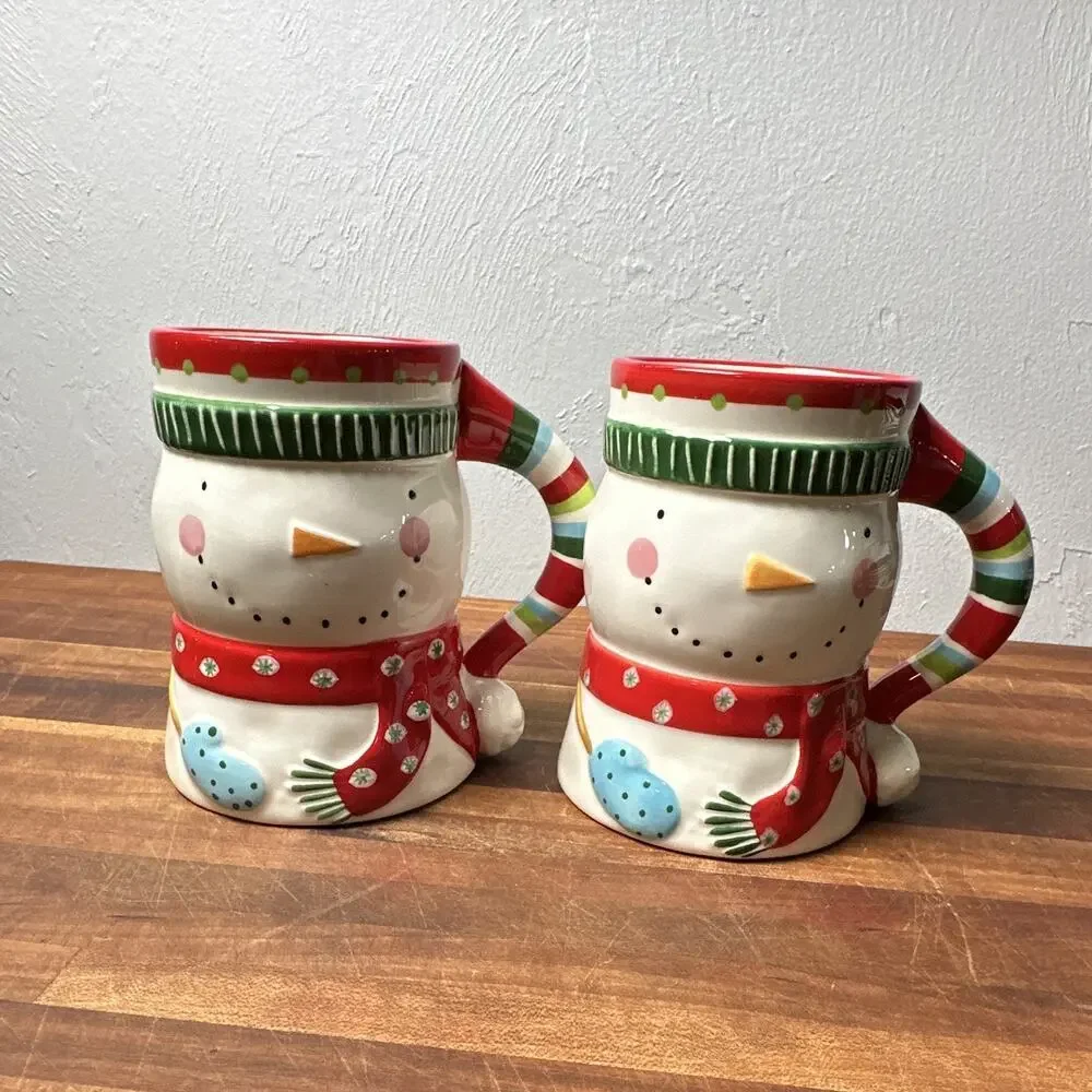 Pier 1 Hand-Painted Ceramic Snowman Christmas Mugs Set of 2, 6in MPN 2700247